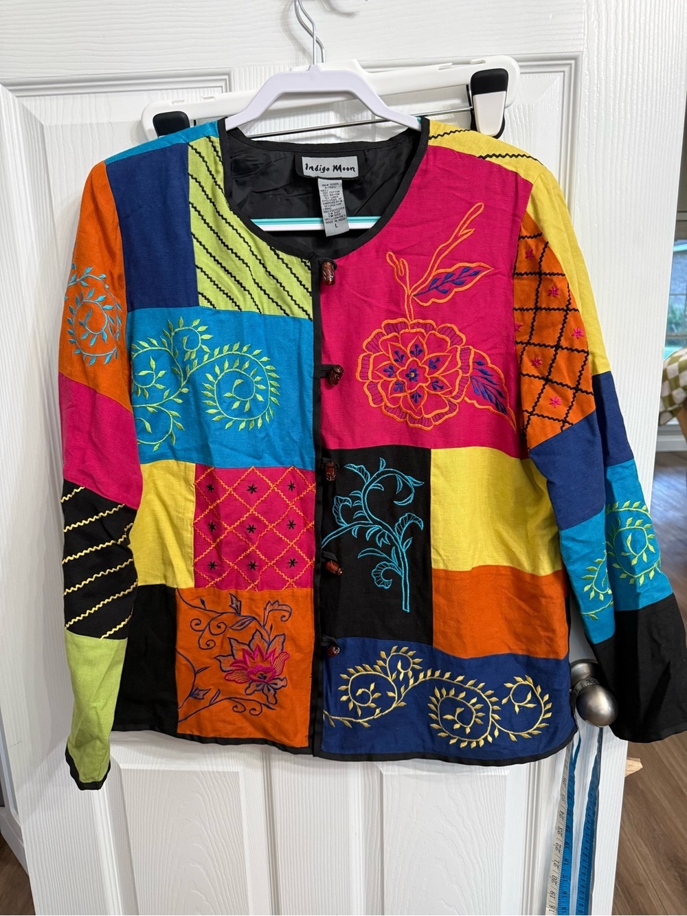 Indigo Moon Colorful Patchwork Embroidered Jacket Large Boho Artwear Whimsical